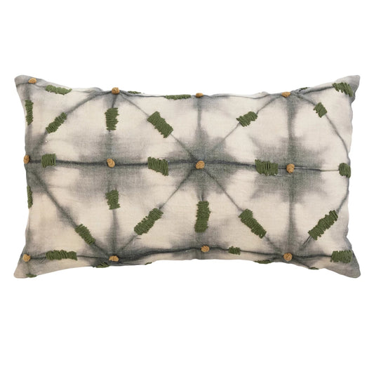 Linen Printed Lumbar Pillow with Hand-Embroidery & Chambray Back