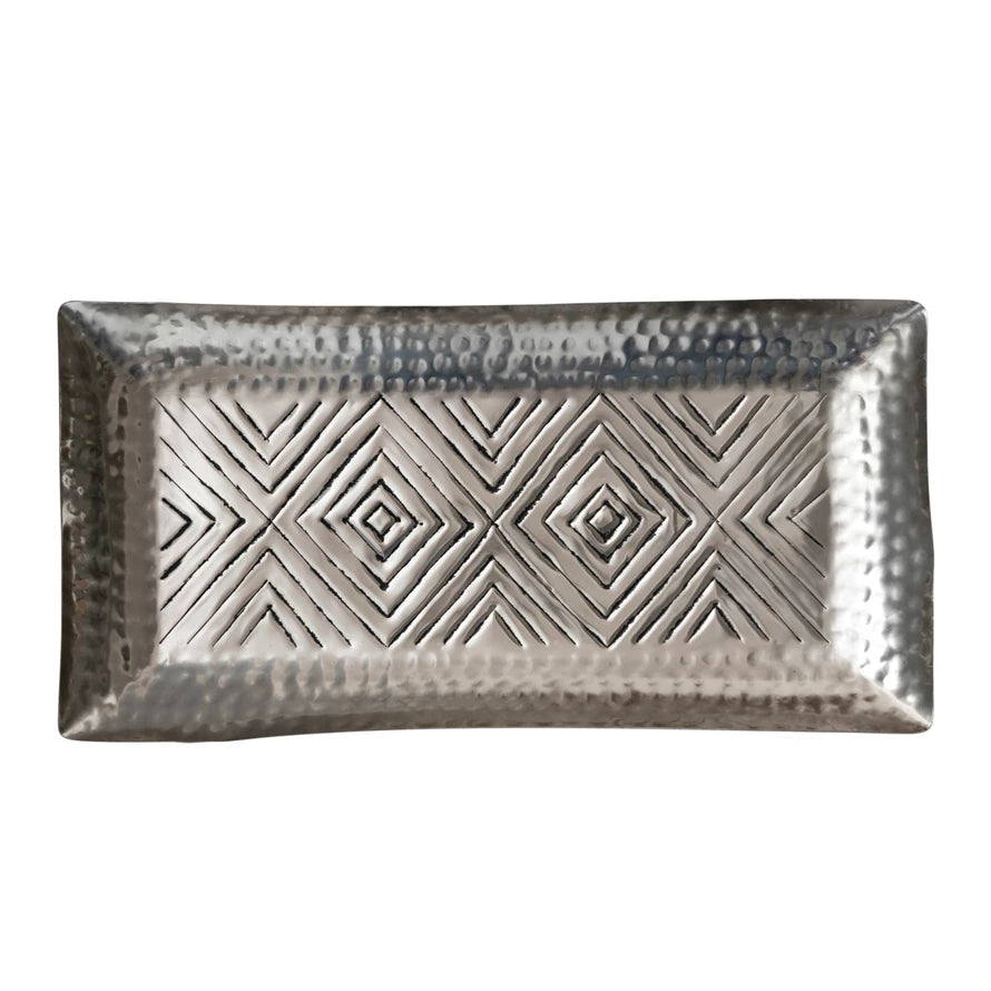 Antique Silver Decorative Aluminum Tray w/ Stamped Pattern
