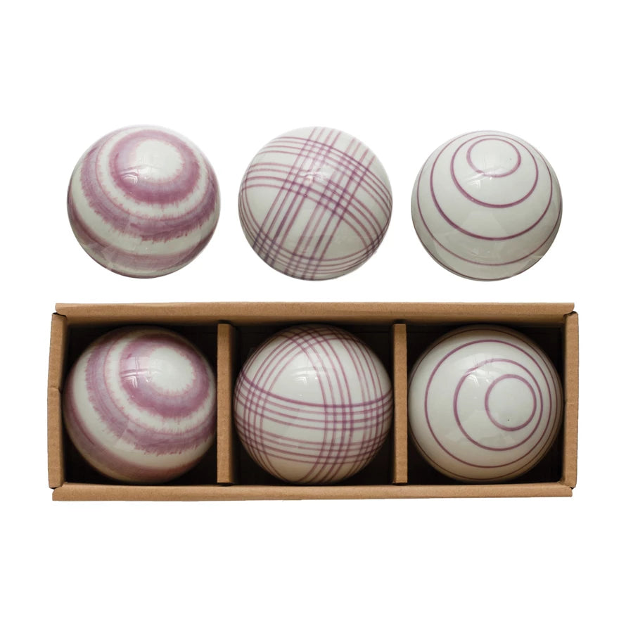 White & Purple Hand-Painted Stoneware Orbs