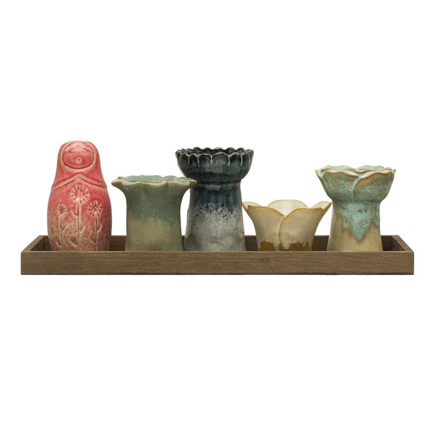 Reactive Glaze Stoneware Vases & Votive Holders w/ Wood Tray