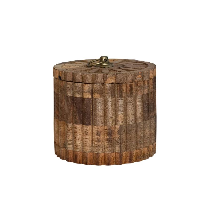 Carved Mango Wood Pleated Box w/ Lid