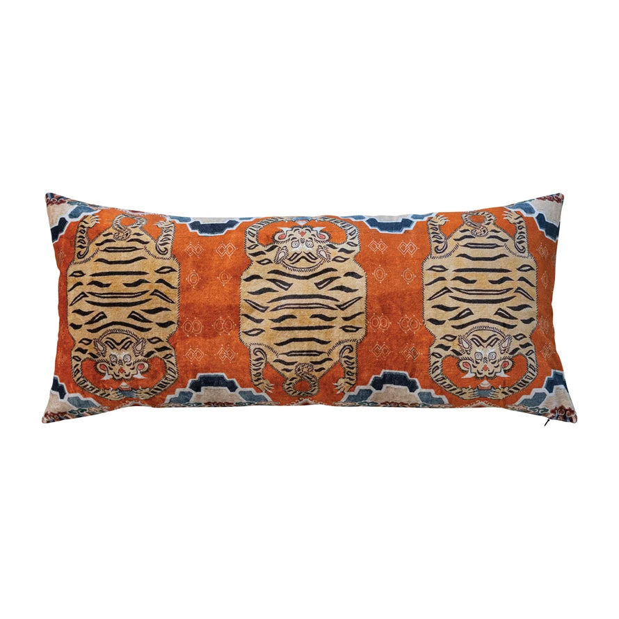 Cotton Velvet Tiger Printed Lumbar Pillow