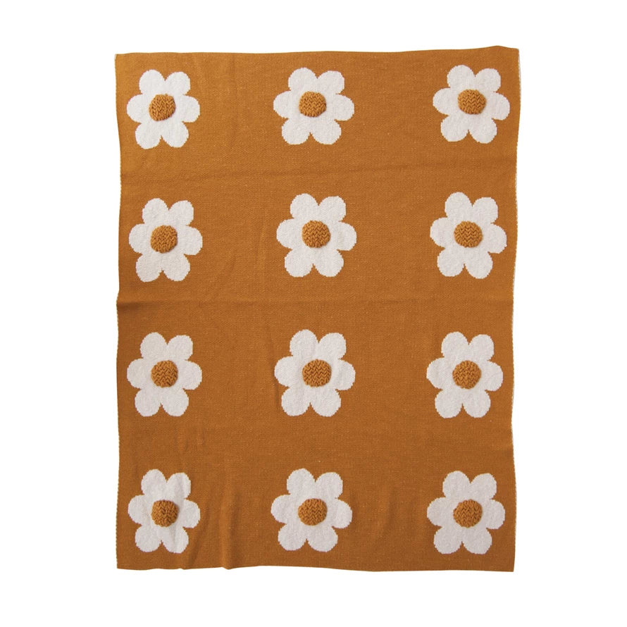 Cotton Knit Orange Flowers Baby Blanket