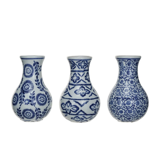 Blue & White Hand-Stamped Stoneware Vase