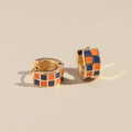 Blue & Orange Checkered Enamel Huggie Earrings