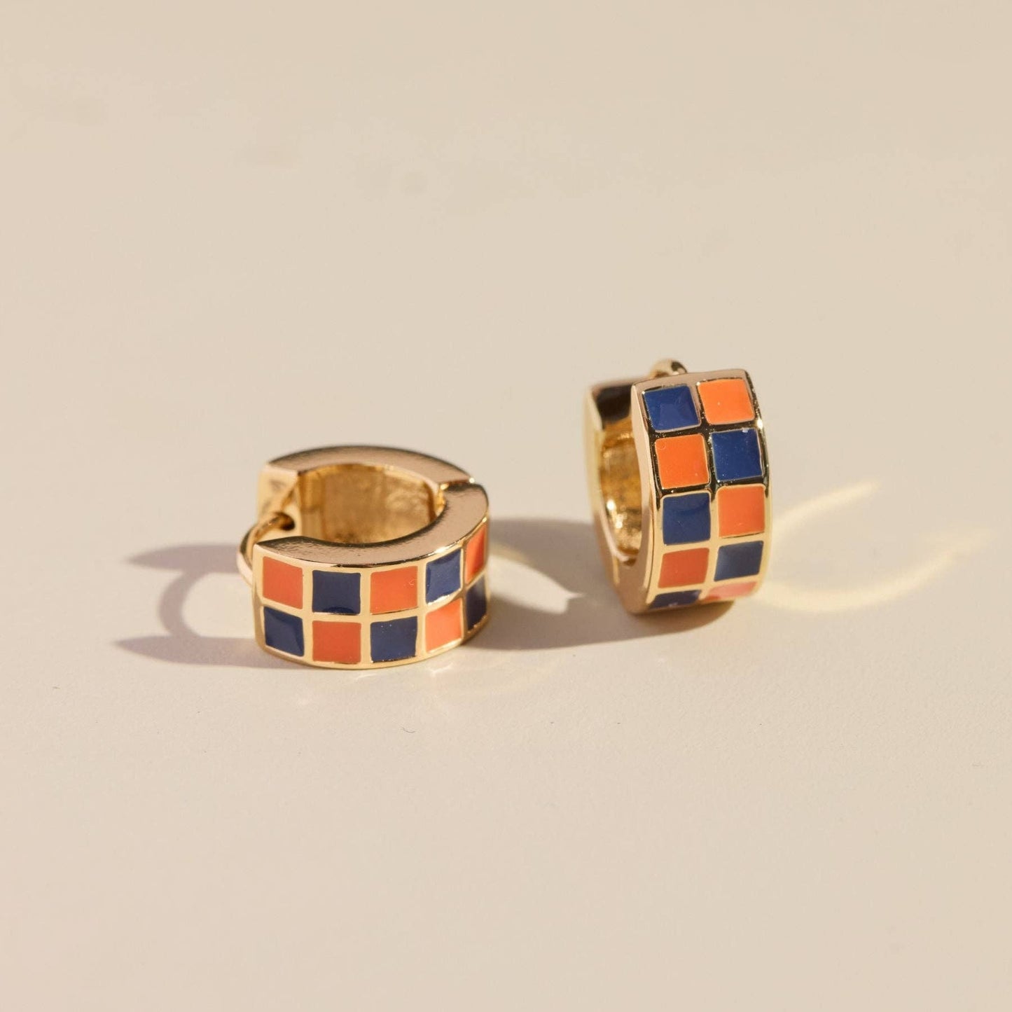 Blue & Orange Checkered Enamel Huggie Earrings