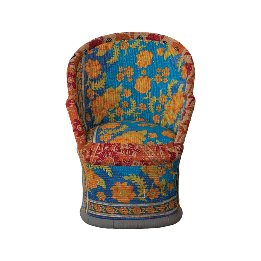 Handmade Vintage Cotton Kantha Upholstered Cane Chair