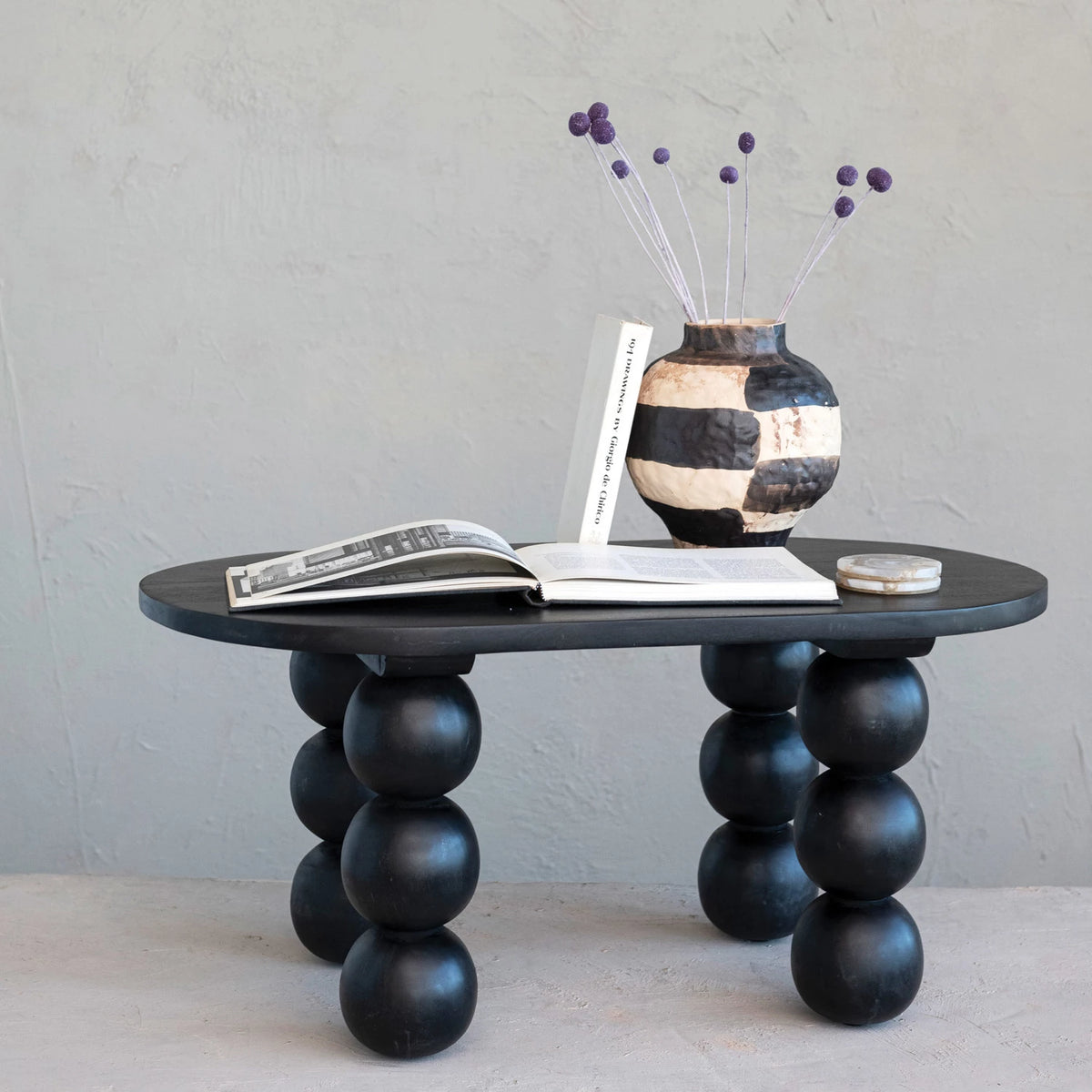 Black Mango Wood Coffee Table w/ Orb Legs