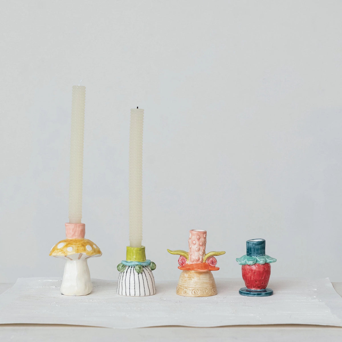 Hand-Painted Stoneware Taper Holders