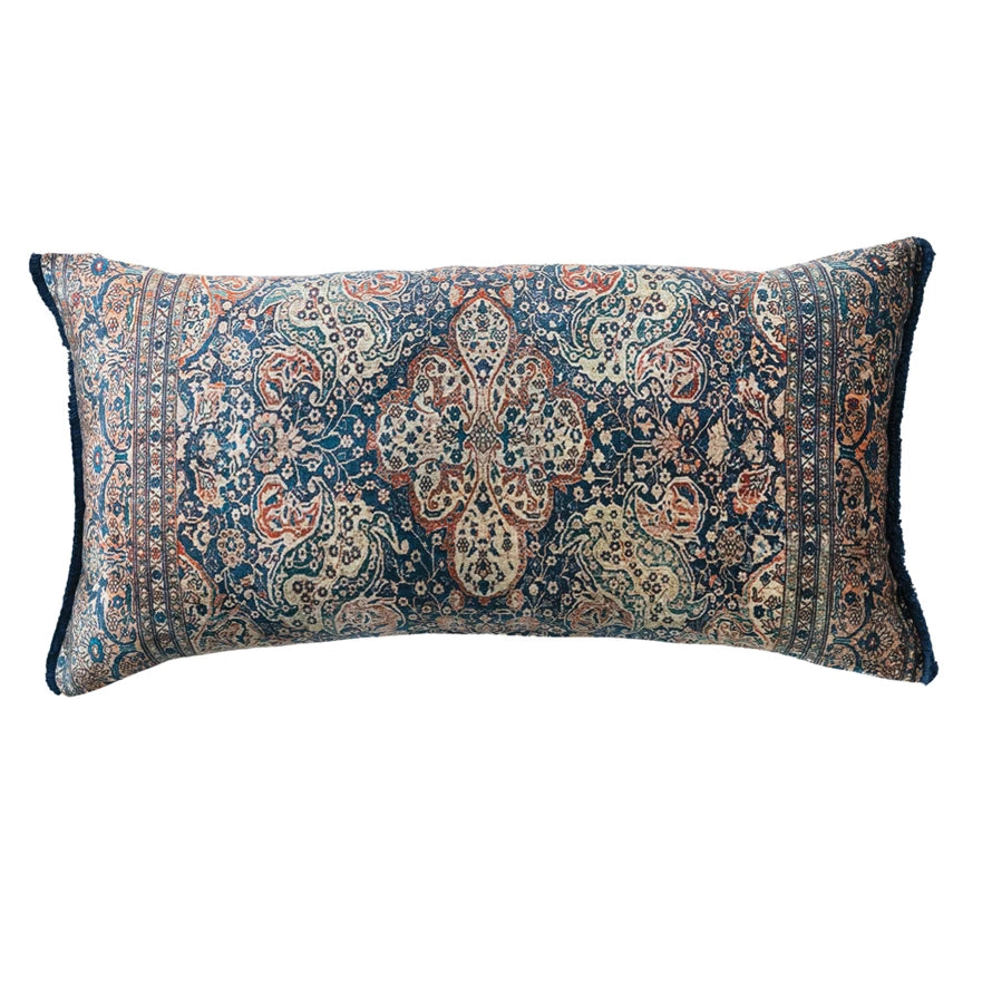 Cotton Blend Velvet Printed Lumbar Pillow with Fringe