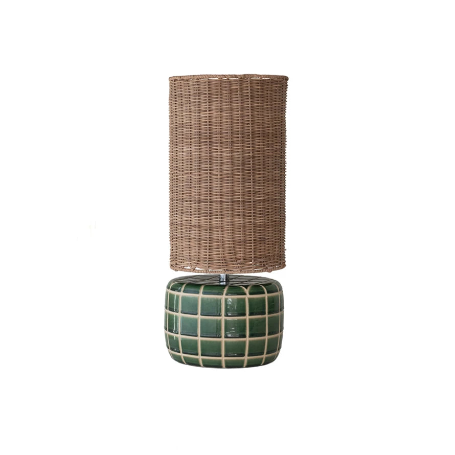 Green Ceramic Tile Rattan Shade Table Lamp