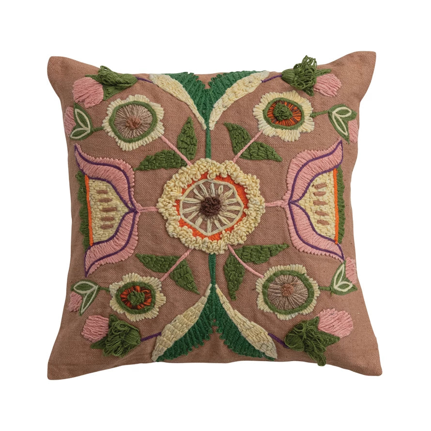 Embroidered Flower Square Indoor/Outdoor Pillow