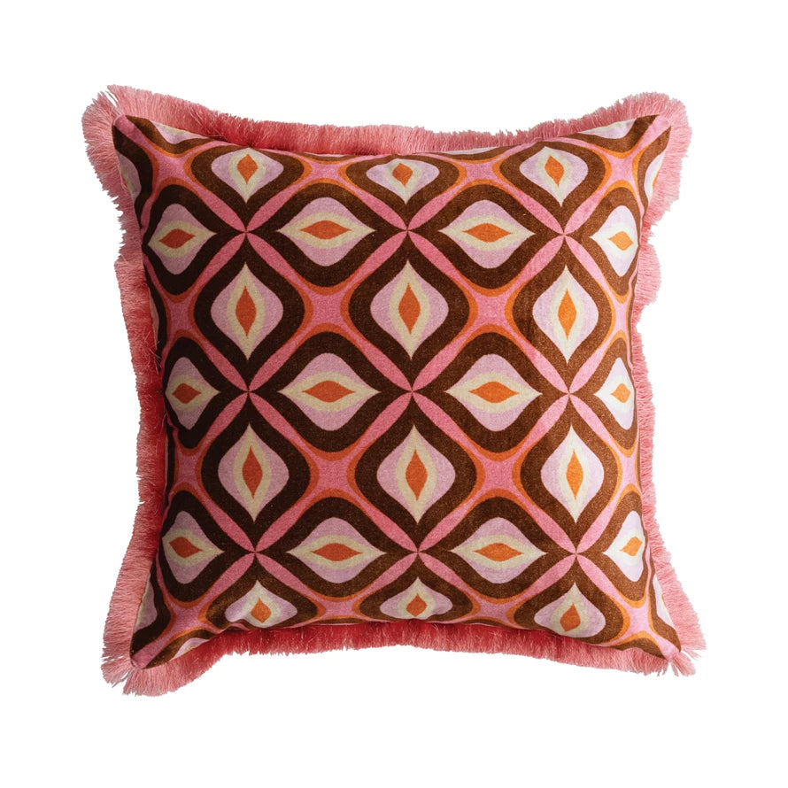 Ogee Pattern & Eyelash Fringe  Square Velvet Printed Pillow