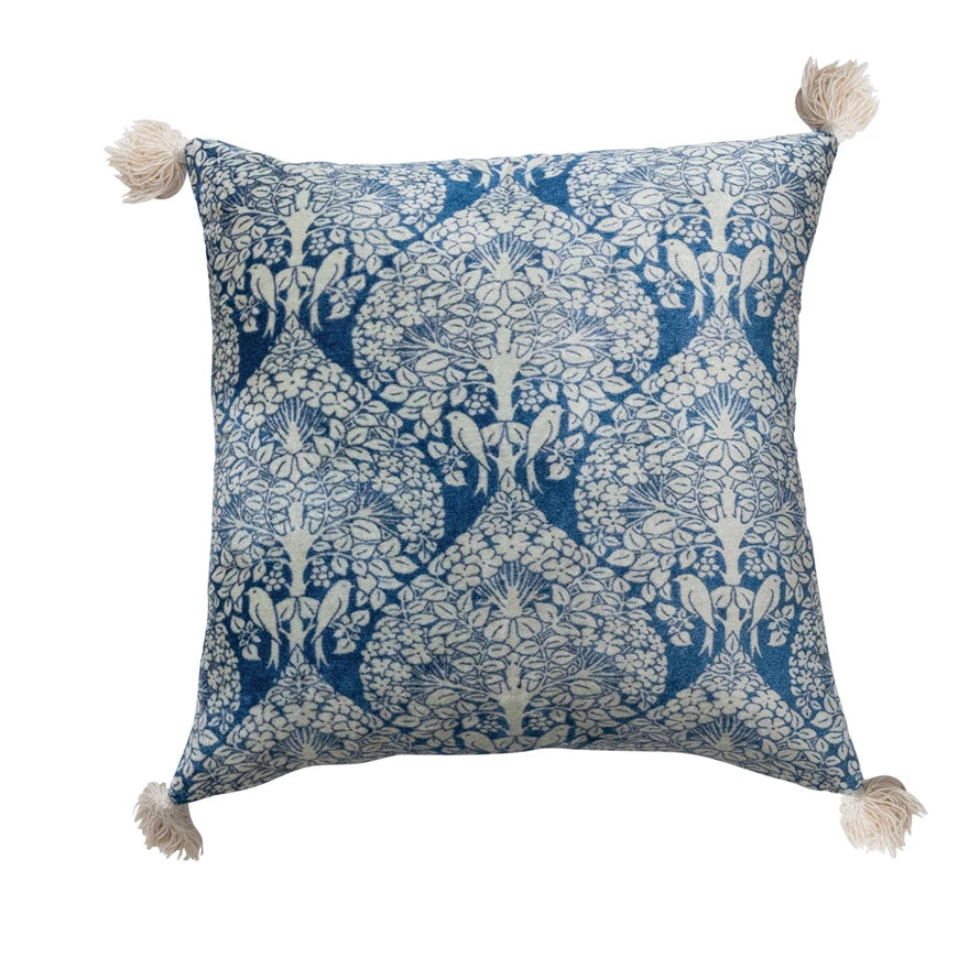 Blue & Cream Cotton Velvet Printed Pillow