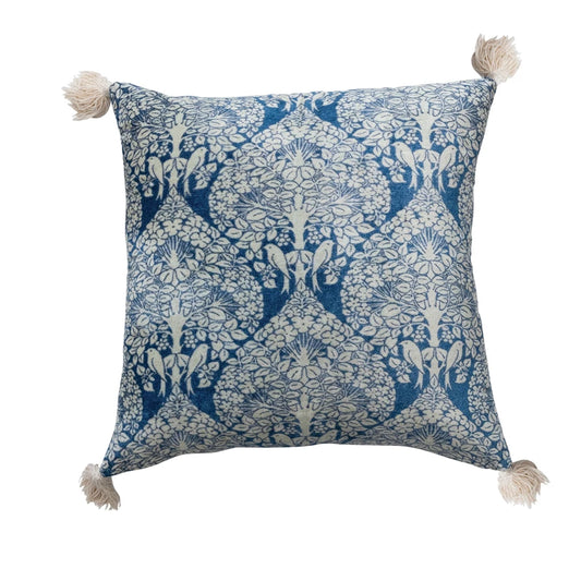 Blue & Cream Cotton Velvet Printed Pillow