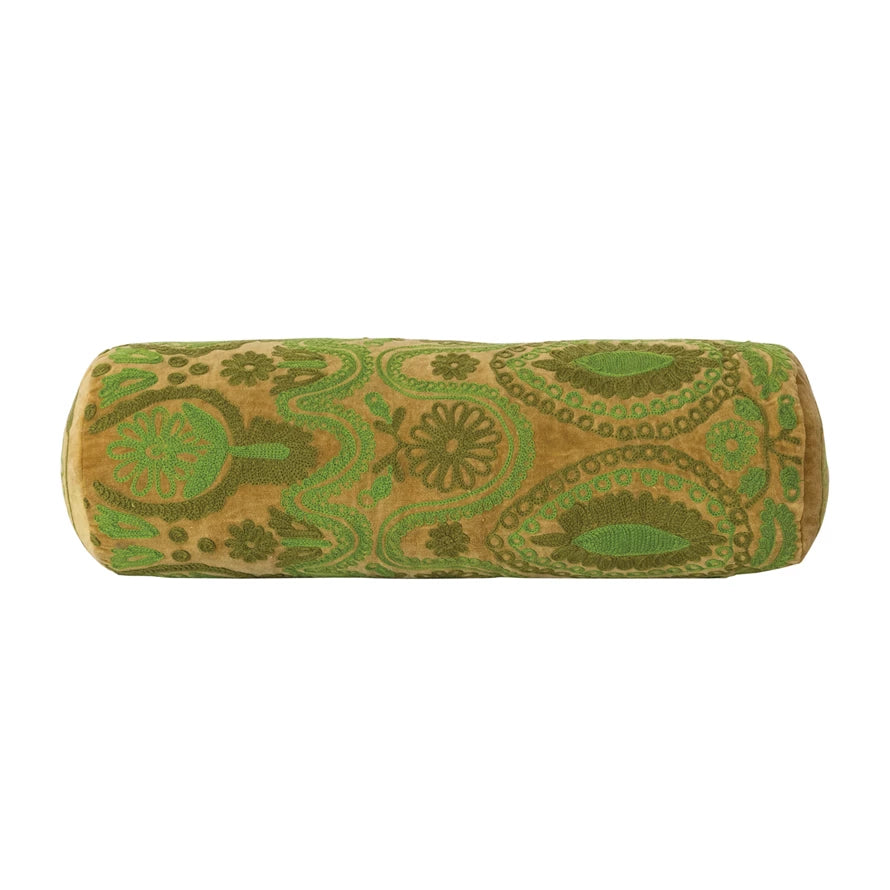 Green Cotton Velvet Embroidered Bolster Pillow