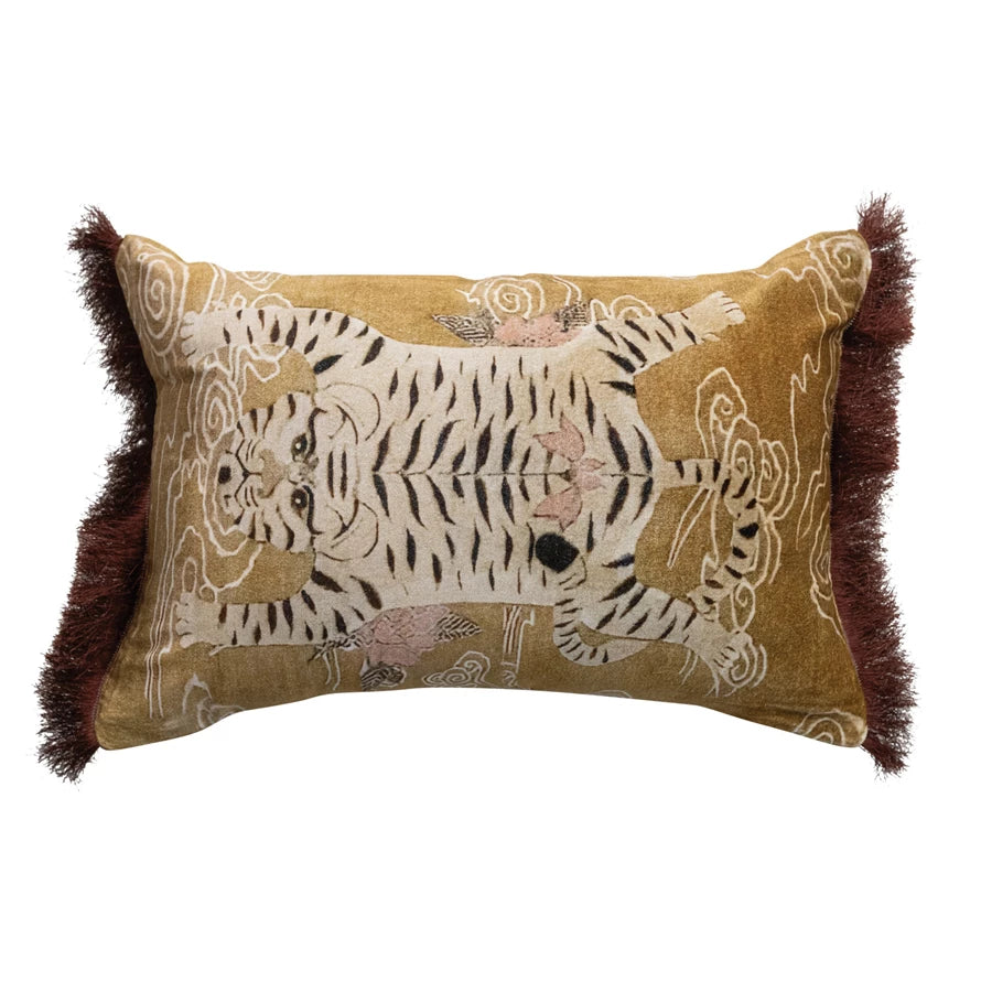 Tibetan Tiger & Fringe Velvet Lumbar Pillow