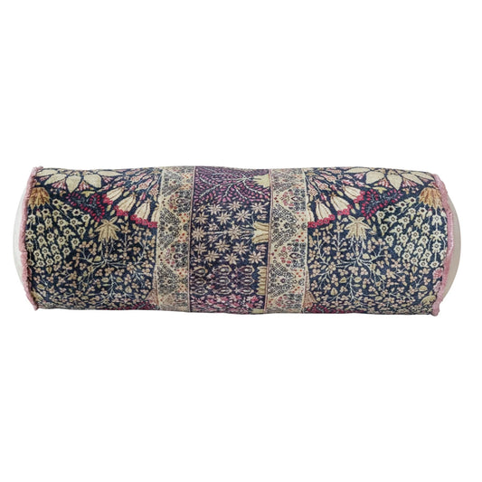 Cotton Velvet Printed Bolster Pillow w/ Botanical Pattern