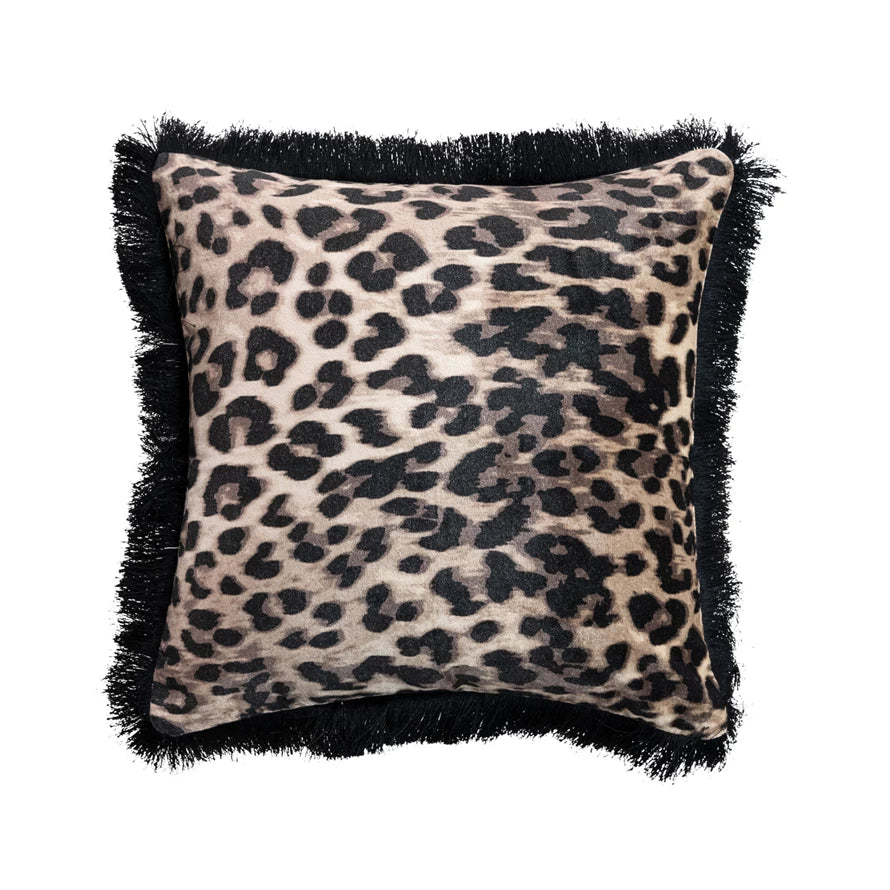Cotton Velvet Printed Pillow w/ Leopard Print & Fringe