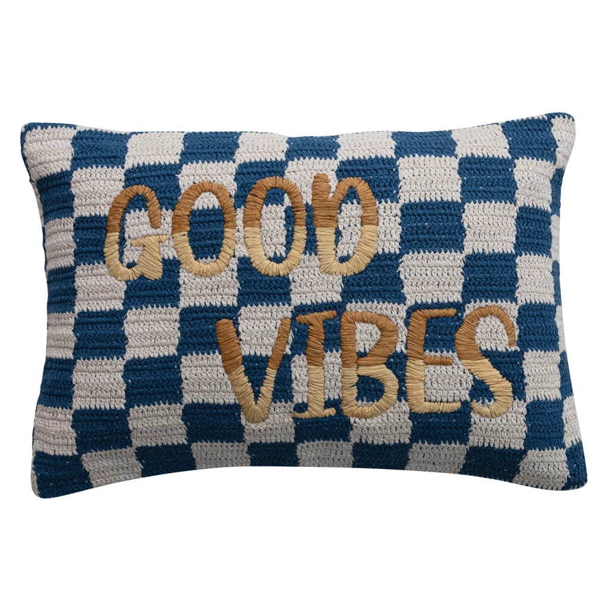 Embroidered "Good Vibes" Cotton Crocheted Check Lumbar Pillow