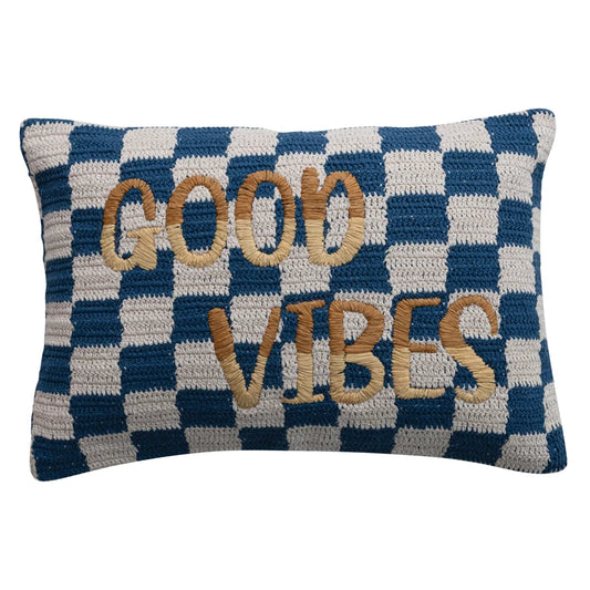 Embroidered "Good Vibes" Cotton Crocheted Check Lumbar Pillow