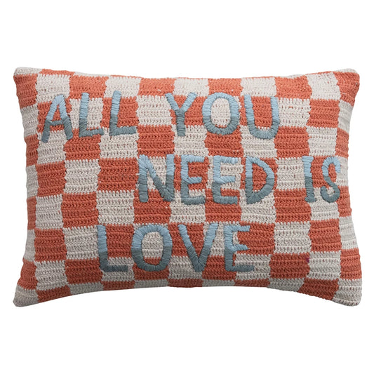 Embroidered "All You Need is Love" Cotton Crocheted Check Lumbar Pillow