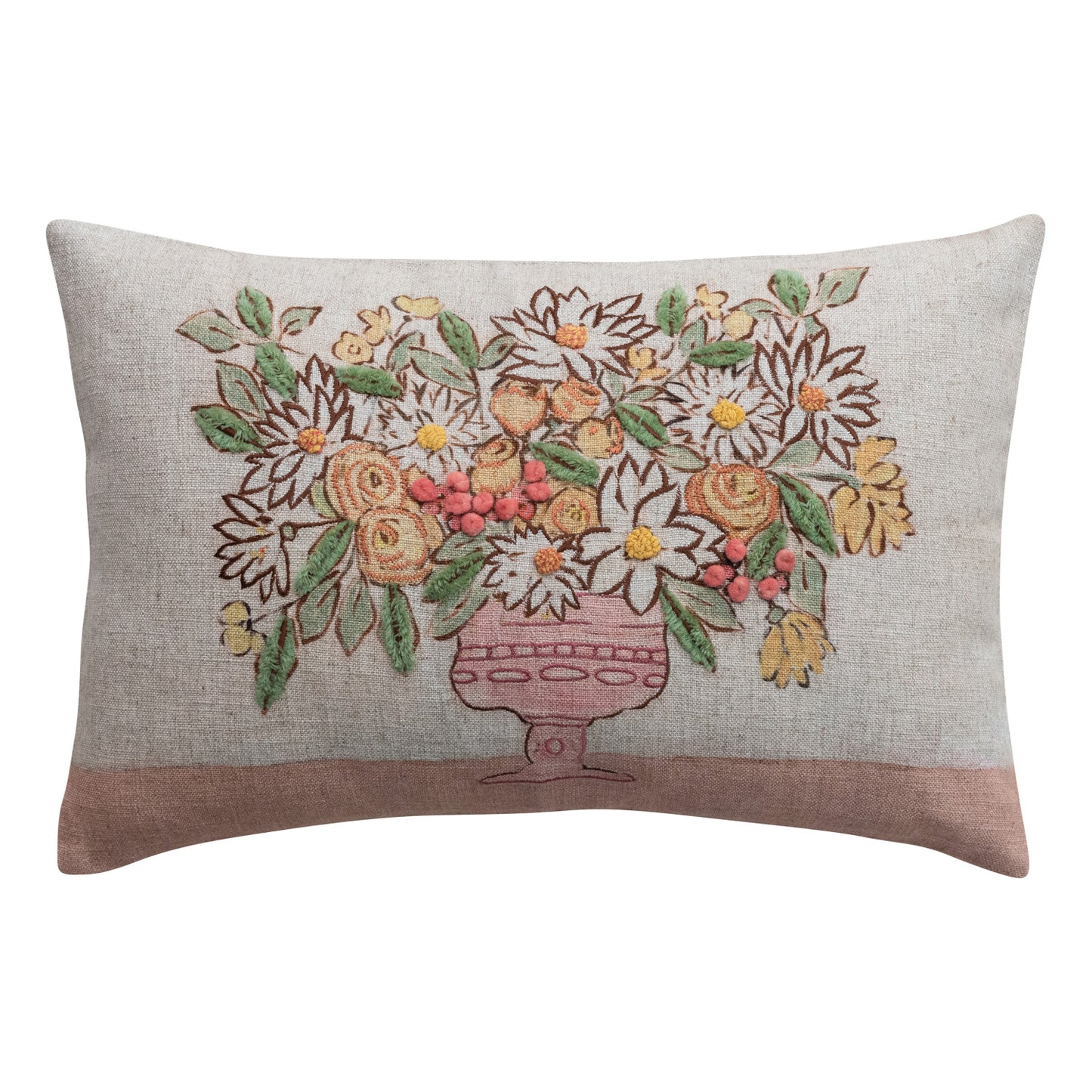 Embroidered Lumbar Pillow with Flowers and Pom Poms