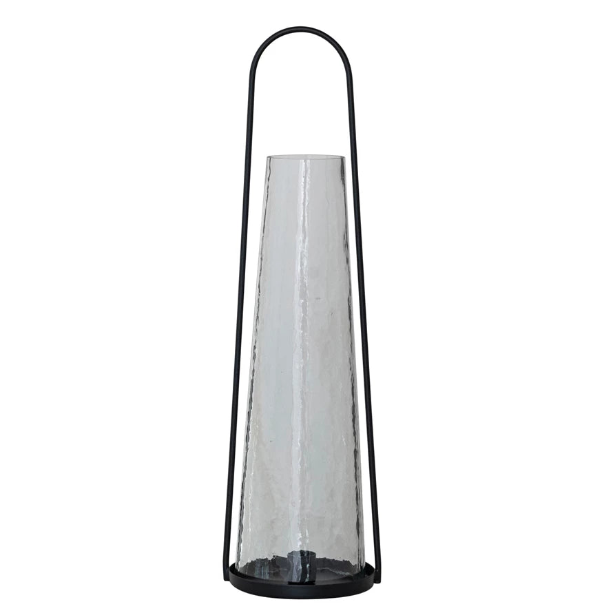 Metal Lantern Taper Holder with Handle & Hammered Glass Hurricane