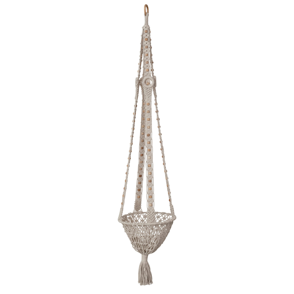 Cotton Macrame Plant Hanger with Wood Beads & Tassel