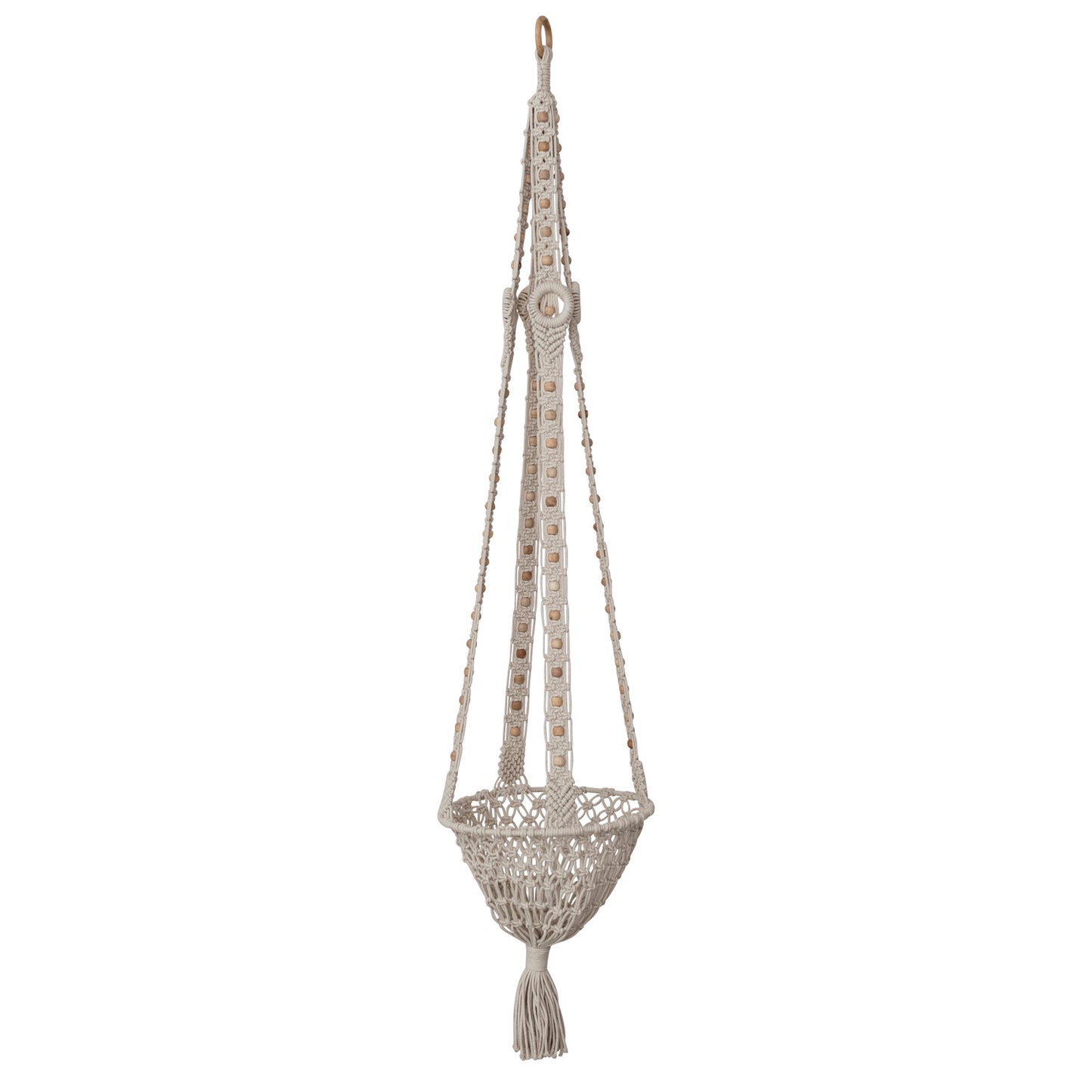 Cotton Macrame Plant Hanger with Wood Beads & Tassel