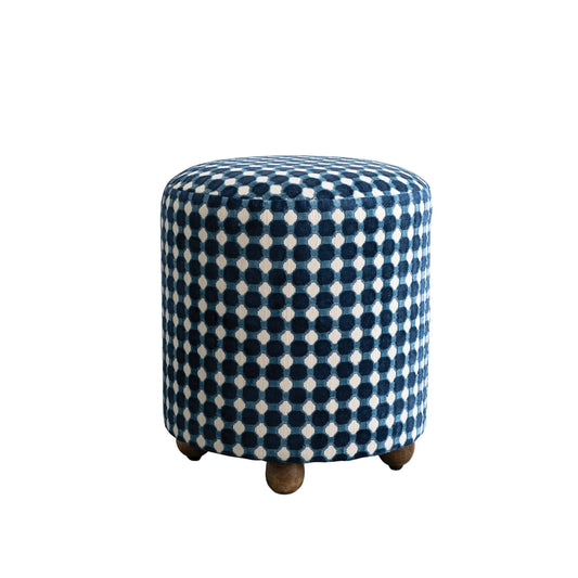 Round Blue Burnout Dot Velvet Upholstered Stool