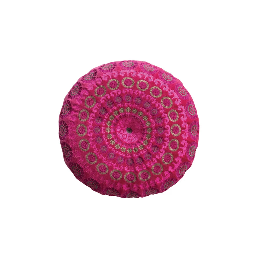 Round Pink Cotton Velvet Embroidered Pillow