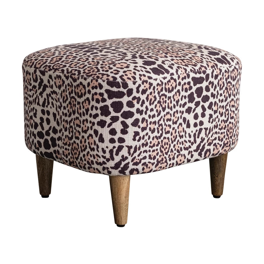 Cotton Slub Upholstered Leopard Print Stool/Ottoman