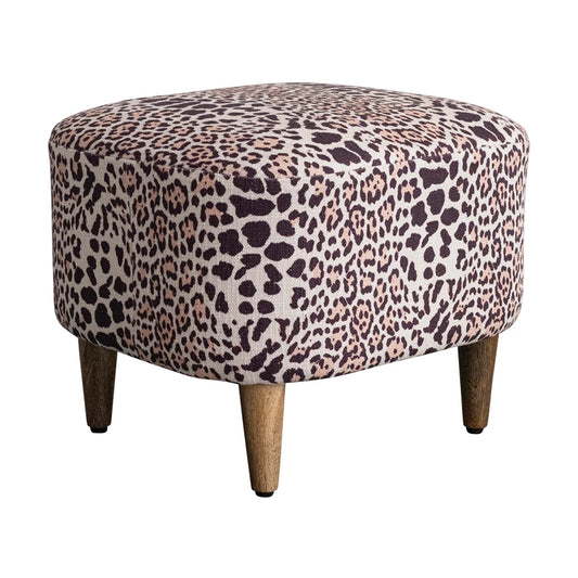 Cotton Slub Upholstered Leopard Print Stool/Ottoman