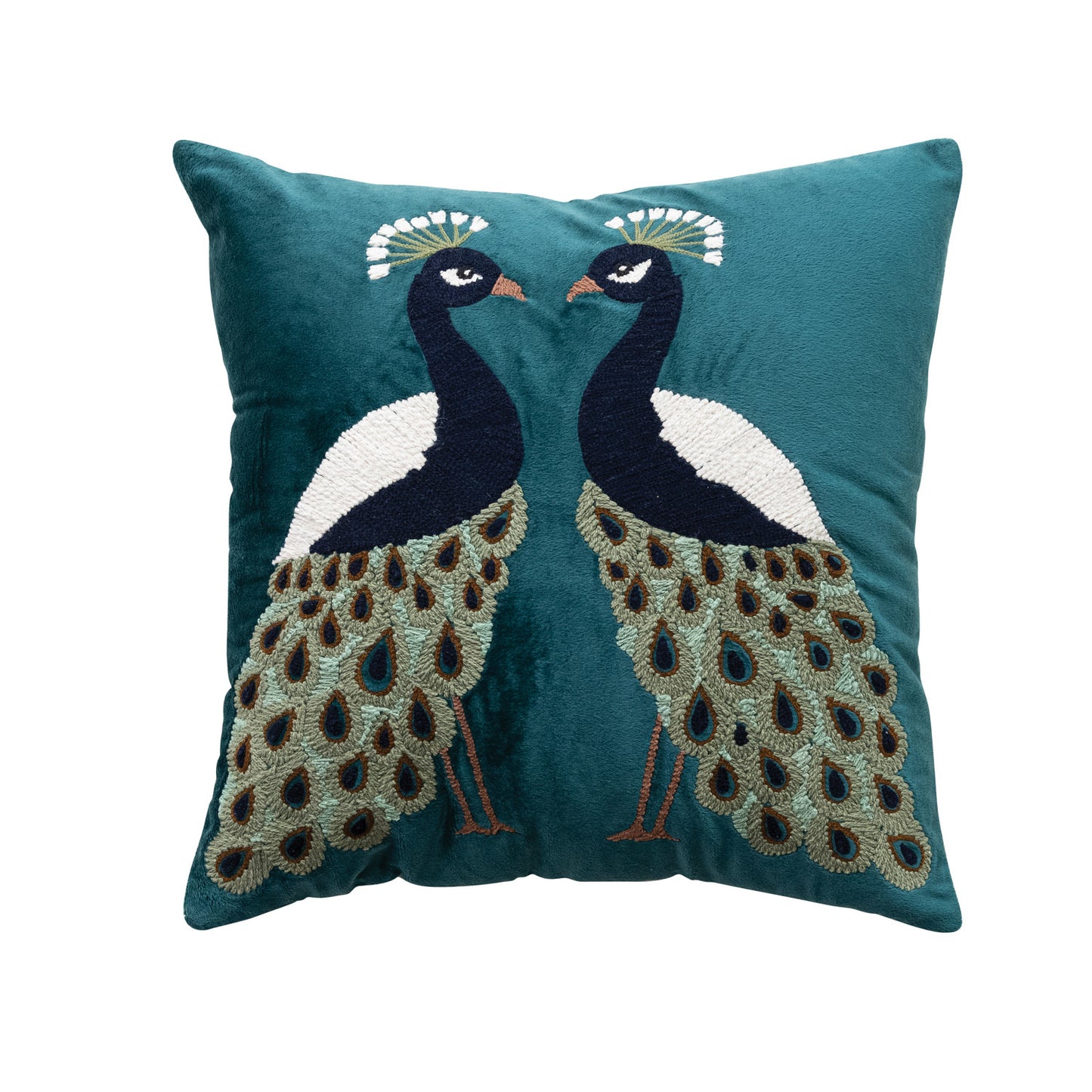Embroidered Peacocks and Chambray Back Velvet Pillow