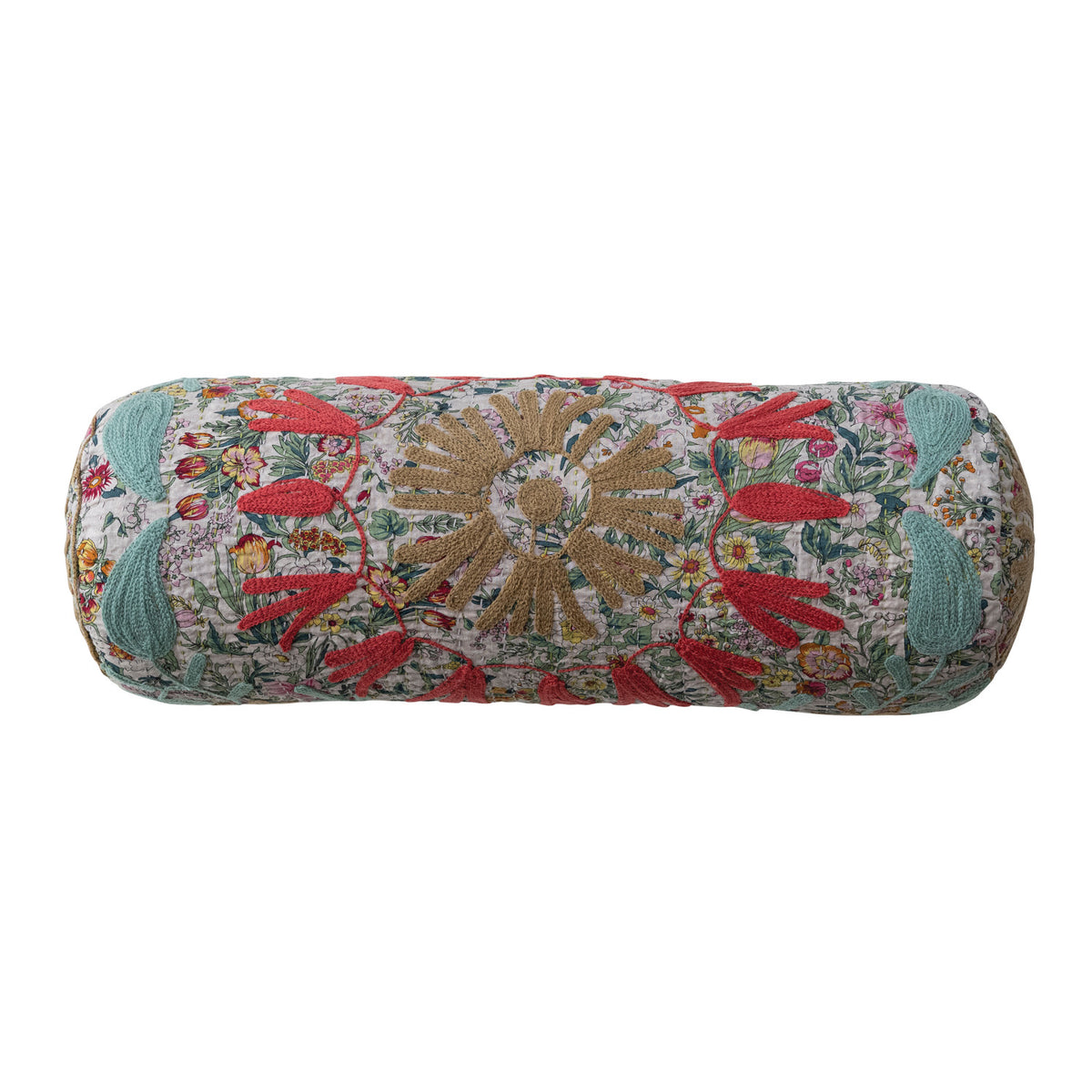 Suzani Pattern & Hand-Embroidered Kantha Stitch Bolster Pillow
