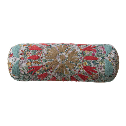 Suzani Pattern & Hand-Embroidered Kantha Stitch Bolster Pillow