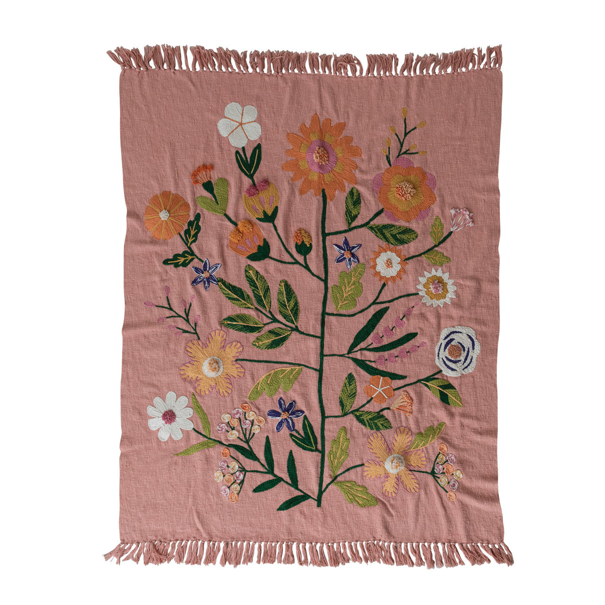 Embroidered Flowers & Fringe Woven Cotton Throw