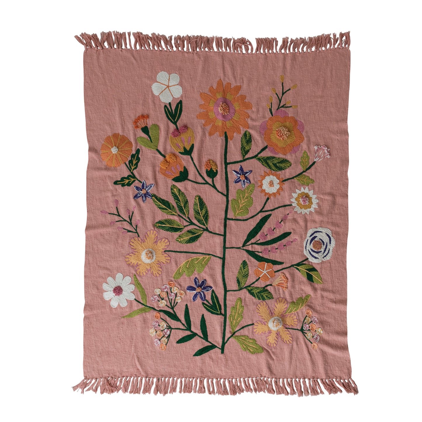Embroidered Flowers & Fringe Woven Cotton Throw