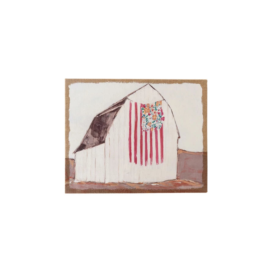 Plastered Burlap Wall Decor with Barn, Flag & Flowers