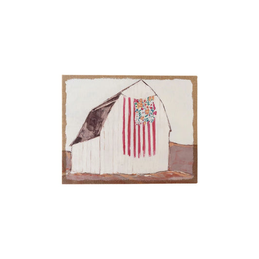 Plastered Burlap Wall Decor with Barn, Flag & Flowers