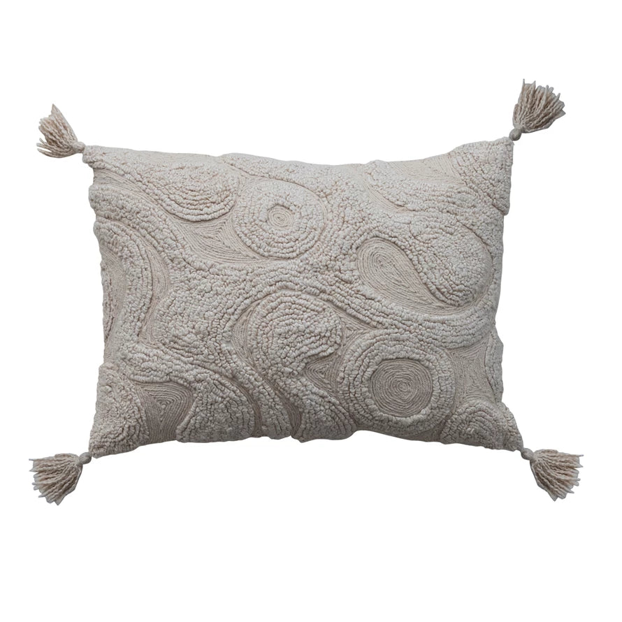 Cream Cotton Tufted Lumbar Pillow with Design & Tassels