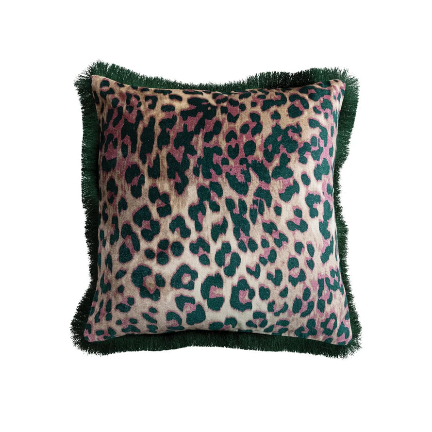 Leopard Print & Tufted Fringe Square Cotton Velvet Pillow