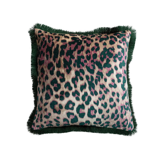 Leopard Print & Tufted Fringe Square Cotton Velvet Pillow