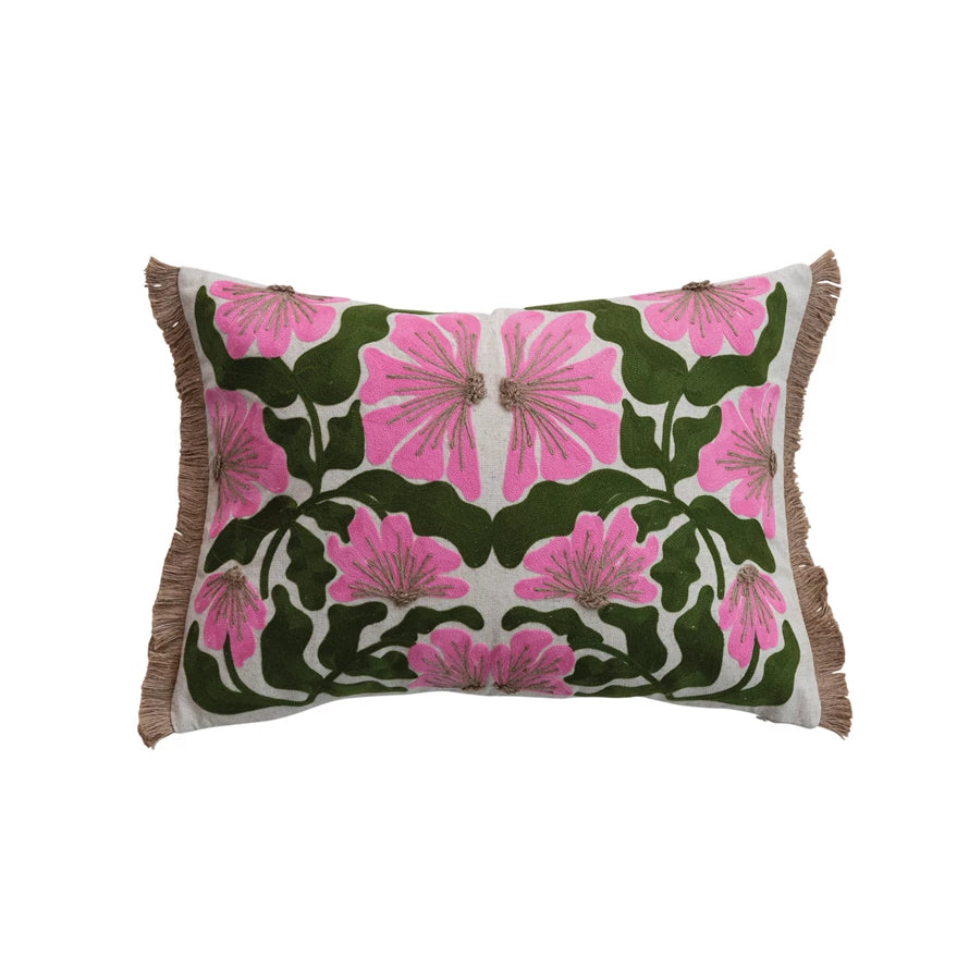 Embroidered Flowers & Jute Eyelash Fringe Lumbar Pillow