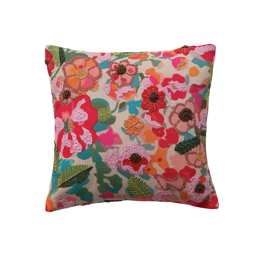 Embroidered Flower Square Fabric Pillow