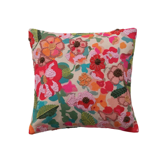 Embroidered Flower Square Fabric Pillow