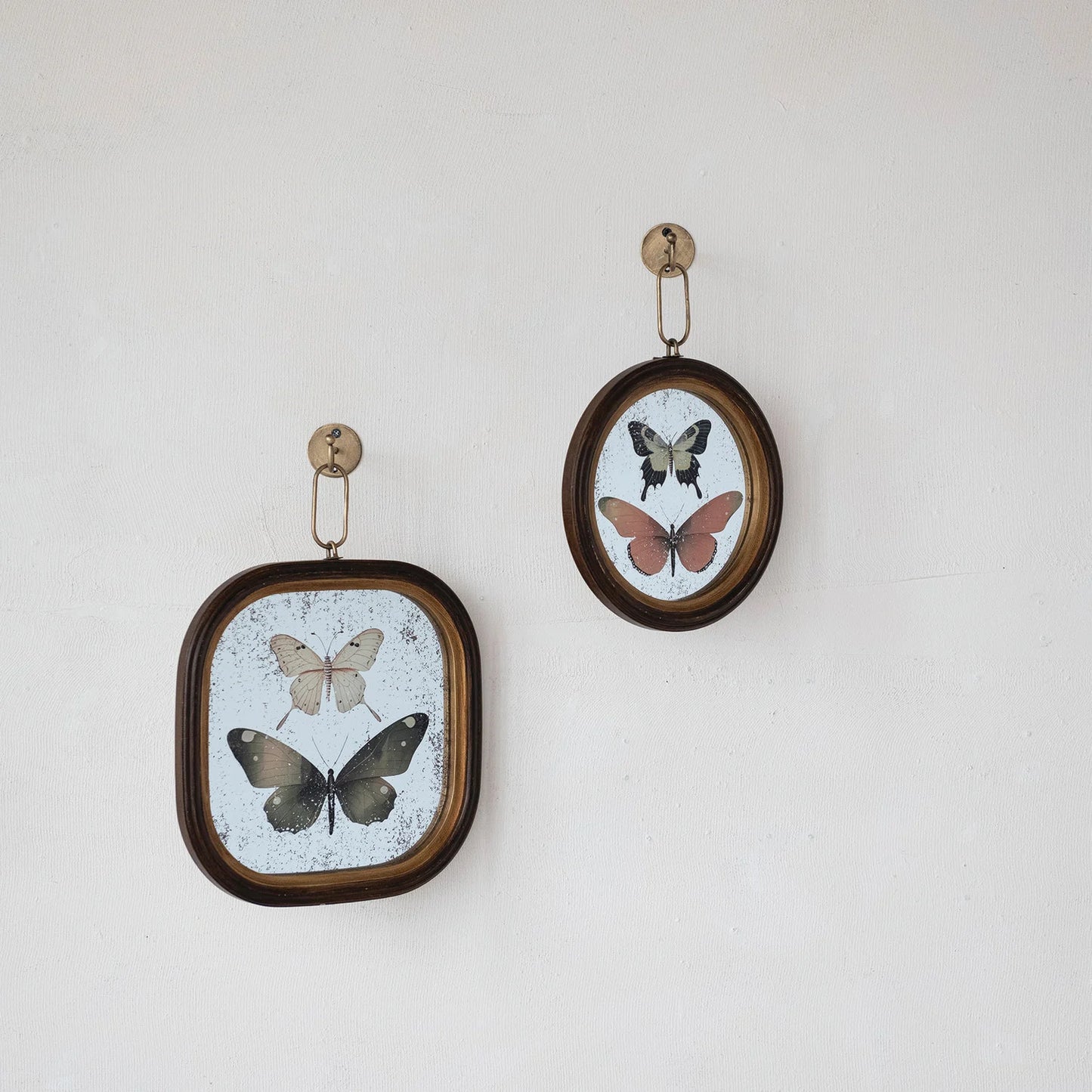 Wood Framed Antique Butterflies & Metal Wall Hook