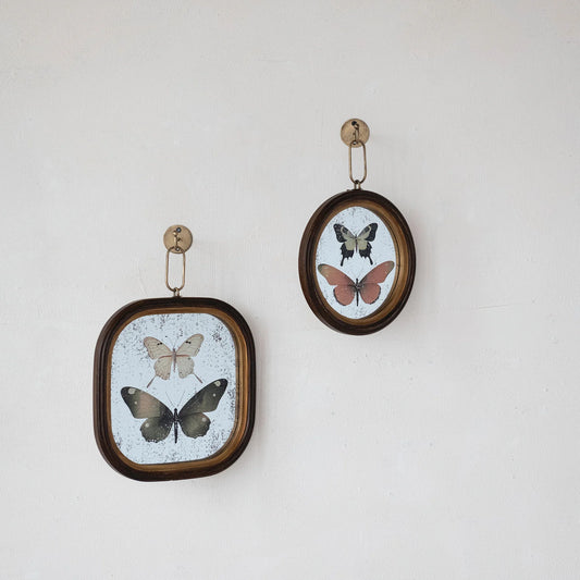 Wood Framed Antique Butterflies & Metal Wall Hook