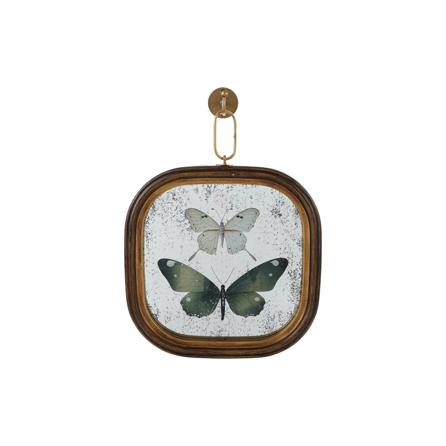 Wood Framed Antique Butterflies & Metal Wall Hook